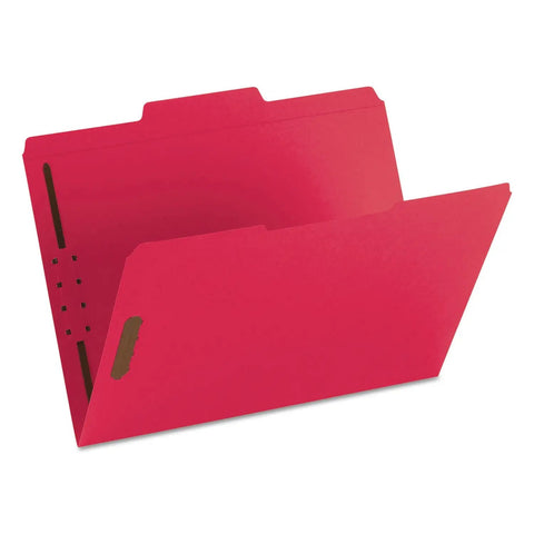 Letter Size Red Fastener Folders With Heavy Duty Embedded Straps And Assorted One Third Cut Tabs For Hustle Free Filing And Crisp Office Archiving Pack Of Fifty, showing open folders in vibrant red.