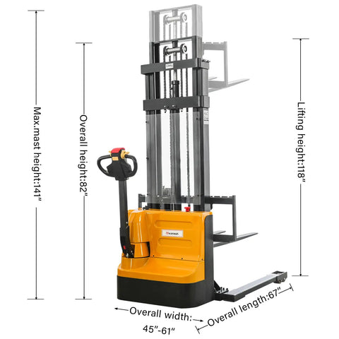 Fully Powered Electric Walkie Stacker With Adjustable Straddle Legs for Pallet Handling 3300 Pound Capacity Lifts Up To 118 Inches