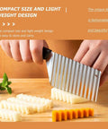 Healvian stainless steel crinkle fry cutter with non-slip handle slicing potatoes on wood board (front view)