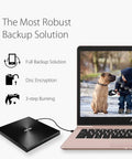 ZenDrive Ultra Slim External DVD Burner Drive RW With M Disc Support For Mac And Windows Nero Back It Up For Android Includes USB Two Point Zero And Type C Cables For Easy Plug And Play. black 13mm external DVD burner connected to ASUS laptop with backup icons