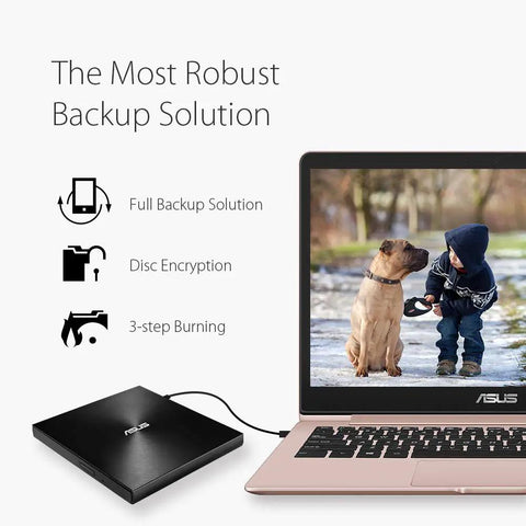 ZenDrive Ultra Slim External DVD Burner Drive RW With M Disc Support For Mac And Windows Nero Back It Up For Android Includes USB Two Point Zero And Type C Cables For Easy Plug And Play. black 13mm external DVD burner connected to ASUS laptop with backup icons