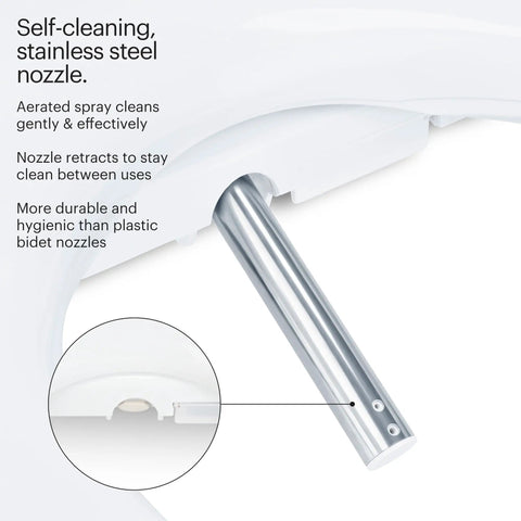 Premium Electric Bidet Seat For Elongated Toilets Featuring Heated Seat And Stainless Steel Nozzle With Warm Air Dryer Night Light And Gentle Close Lid Side Arm Control For A Hassle Free Bang For Buck Bathroom Glow Up showing self-cleaning stainless steel nozzle detail.