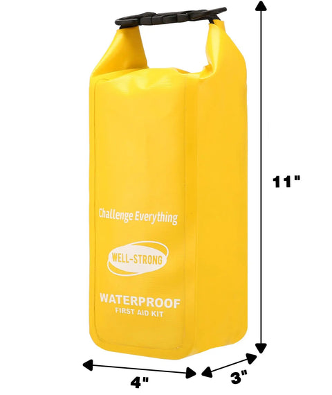 Yellow Waterproof Boat First Aid Kit With Roll Top Dry Bag For Marine Adventures, 11x4x3 inches, hot-pressed seams, standing view.