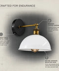 Industrial Dome Wall Sconce, White, 180° Adjustable Vintage Wall Light with brushed copper hardware and metal dome.