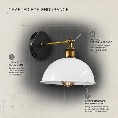 Industrial Dome Wall Sconce, White, 180° Adjustable Vintage Wall Light with brushed copper hardware and metal dome.