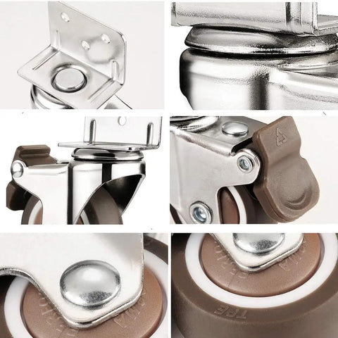 Four Pack L Shaped Caster Mounting Plates Featuring Rubber Brake Lock Wheels Heavy Duty Sealed Bearings Hassle Free Setup Glides Like Butter Floor Safe Top Shelf Universal Furniture Hardware