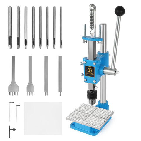 Leather Hole Puncher Hand Punching Machine Manual Press For DIY Leather Crafting, Punch Holes And Forming, Heavy Duty Stamping Tool With Chuck, PP Plate And Aluminum Plate For Precise DIY Projects