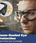 Man wearing All Day Comfort Anti Fog Safety Goggles With Foam Seal And Adjustable Strap UV Protection Scratch Resistant ANSI Z87.1 Eye Gear in construction setting