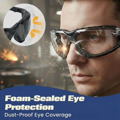 Man wearing All Day Comfort Anti Fog Safety Goggles With Foam Seal And Adjustable Strap UV Protection Scratch Resistant ANSI Z87.1 Eye Gear in construction setting