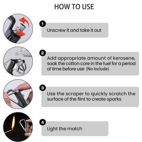 Step-by-step guide on using the All In One Multitool Lighter Keychain With Bottle Opener, Reusable Waterproof Fire Starter.