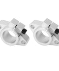Pair Of SHF40 Aluminum Shaft Support Brackets For 40mm Linear Rails Plug And Play Design Built Tough For 3D Printers And Robots Rock Solid Bearing Keeps Rig Running Sweet. Close-up view of two silver aluminum brackets for 40mm shafts.