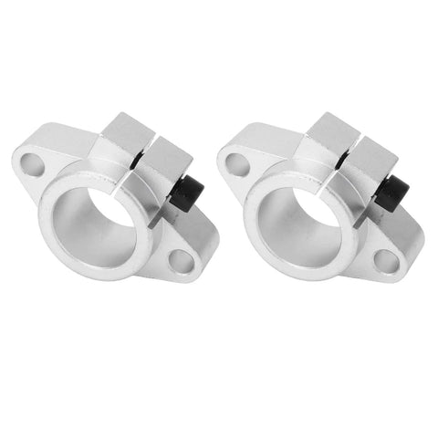 Pair Of SHF40 Aluminum Shaft Support Brackets For 40mm Linear Rails Plug And Play Design Built Tough For 3D Printers And Robots Rock Solid Bearing Keeps Rig Running Sweet. Close-up view of two silver aluminum brackets for 40mm shafts.