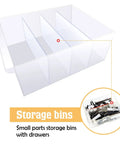 16 Pack Drawer Dividers 4.25 X 2 Inches For Plastic Storage Bins And Cabinet Organizers Perfect For Small Parts Screws Office Classroom And Tool Box Organization Durable Plastic Divider Set displayed inside a clear storage bin.