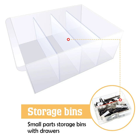 16 Pack Drawer Dividers 4.25 X 2 Inches For Plastic Storage Bins And Cabinet Organizers Perfect For Small Parts Screws Office Classroom And Tool Box Organization Durable Plastic Divider Set displayed inside a clear storage bin.
