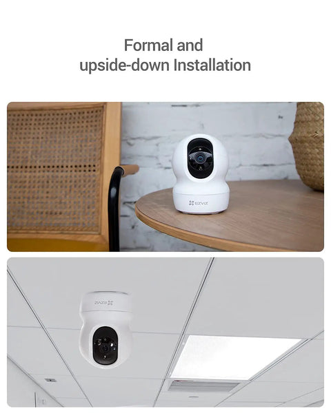 2K Plus Indoor Security Camera With 360 Degree Coverage, 4MP Night Vision, mounted on table and ceiling