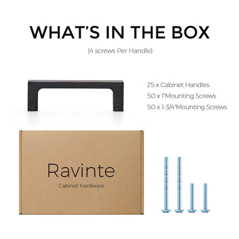 Contents of Ravinte 25 Pack Solid 3 Inch Square Cabinet Handles Oil Rubbed Bronze Drawer Pulls with screws and box