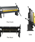 Front, rear, and side view of the 24 Inch Sheet Metal Brake With 0 To 135 Degree Bending, 20 Gauge Heavy Duty Industrial Metal Bender.