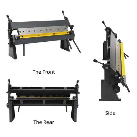 Front, rear, and side view of the 24 Inch Sheet Metal Brake With 0 To 135 Degree Bending, 20 Gauge Heavy Duty Industrial Metal Bender.