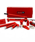 Heavy Duty 6-20 Ton Porta Power Hydraulic Jack Kit With Ram Pump Set in red with various tools for auto frame repair.