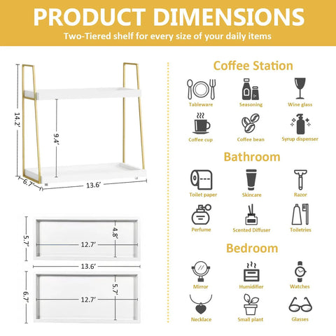 Product dimensions of Two Tier Wooden Coffee Bar Organizer For Countertop And Corner Spaces with icons for usage
