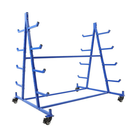 Heavy Duty Mobile Cantilever Storage Rack With Rugged Wheels, 5 Tier Double Side Pipe Lumber Organizer, 500 Lb Rolling Industrial Cart with blue frame.
