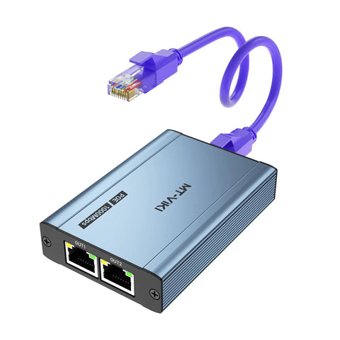 Upgraded 1 To 2 PoE Ethernet Splitter No Power Supply Needed Dual RJ45 Splitter for Gigabit Speeds, dual ports and blue cable