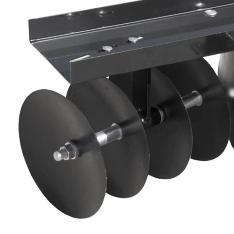 Close-up of Tow Behind Sleeve Hitch Disc Harrow Garden Cultivator for Tractor with 39 Inch Working Width and 11 Inch Discs Black Steel