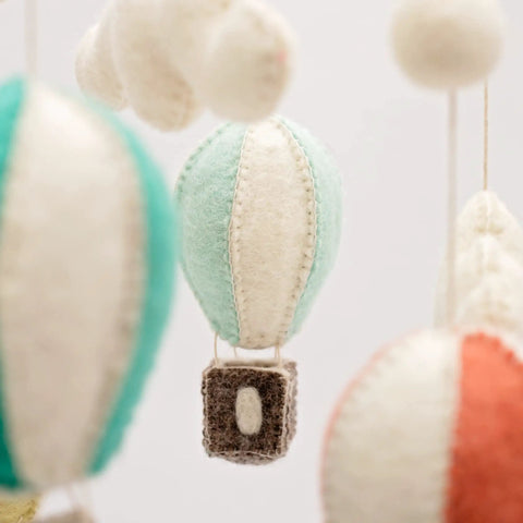 Cozy Baby Nursery Hot Air Balloon Mobile with Clouds and Felt Balls Natural Wool Handmade Crib Decor on a Wooden Hoop