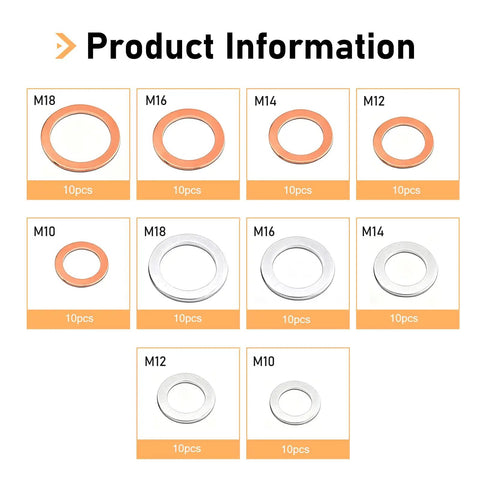Pro Grade 100 Piece Oil Drain Plug Gasket Set With Anti Leak Heat Resistant Crush Washers, sizes M10-M18