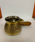 Turkish Greek Arabic Floral Brass Tone Stovetop Coffee Pot Cezve Ibrik Briki with Wooden Handle 180 Ml