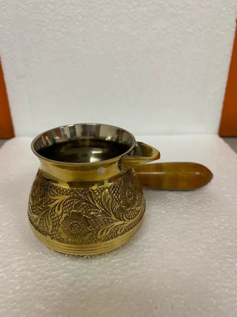 Turkish Greek Arabic Floral Brass Tone Stovetop Coffee Pot Cezve Ibrik Briki with Wooden Handle 180 Ml