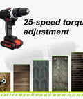 Heavy Duty Workhorse Cordless Drill Driver Set With Brushless Motor showing 25-speed torque adjustment feature on site.