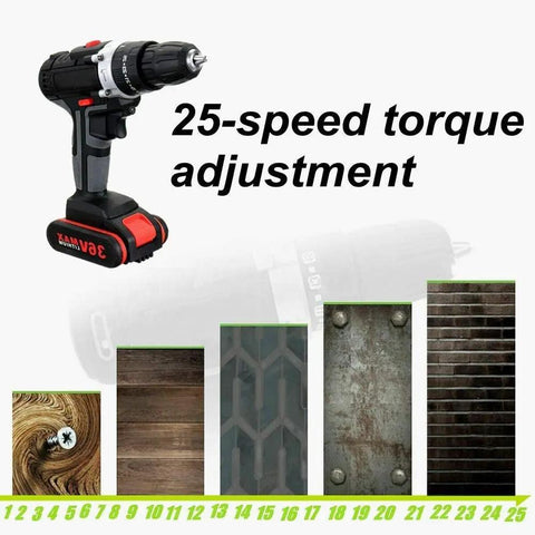 Heavy Duty Workhorse Cordless Drill Driver Set With Brushless Motor showing 25-speed torque adjustment feature on site.