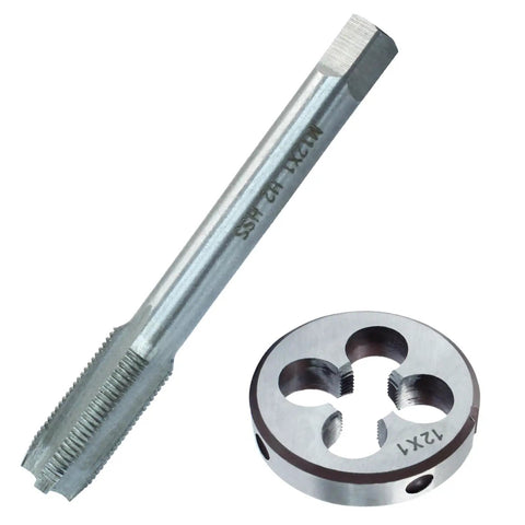 M12 X 1 Metric Tap And Die Set With HSS High Speed Steel tool for right hand threads, shown in close-up detail.