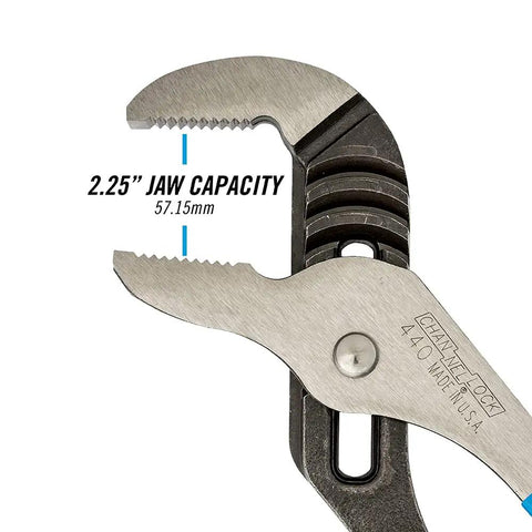 Close-up of 12 Inch Tongue And Groove Pliers With Straight Jaw For Boss Grip Laser Heat Treated Teeth And Undercut No Slip Design