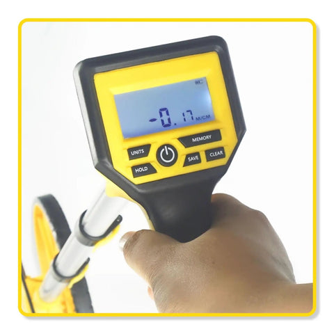 Digital Measuring Wheel for Versatile Professionals showing measurement display and control buttons in a user’s hand.