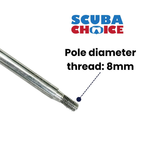 Close-up of an aluminum pole spear with 8mm thread for Three Foot Aluminum Pole Spear With Six Inch Lionfish Tip And Eight Millimeter Thread For Precision Spearfishing On The Go Hawaiian Sling Lightweight Durable Build With Rubber Sling For Easy Targeting
