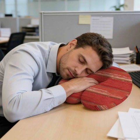 U Shape Memory Foam Travel Pillow With Red Wood Grain Finish For Airplane Rides Car Trips Office Or Home Ergonomic Neck Support Portable Comfy Rest For A Restful Sleep Anywhere being used on an office desk by a man in a blue shirt.