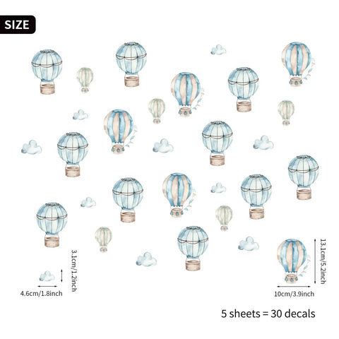 Boy Room Wall Decals Peel And Stick Watercolor Blue Hot Air Balloon And Clouds Wall Sticker For Baby Boys Nursery Playroom Kids Room Decor Durable Waterproof PVC Not Removable, 30 decals layout.