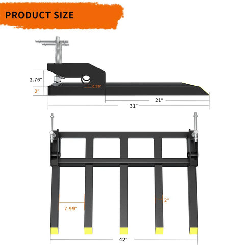 Clamp On Debris Forks For 48 Inch Bucket, 2500 Lbs Heavy Duty Fork Attachments For Skid Steer And Tractor Loader, size diagram