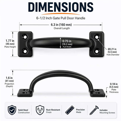 Beefy Heavy Duty Barn Door Gate Pull Handle Black Zinc Alloy Hardware With Rust Resistant Finish 6.5 Inch dimensions diagram