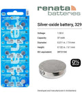 Top Shelf 329 SR731SW Silver Oxide Watch Batteries 1.55V Two Pack High Capacity with clear packaging and battery specifications.