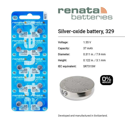 Top Shelf 329 SR731SW Silver Oxide Watch Batteries 1.55V Two Pack High Capacity with clear packaging and battery specifications.