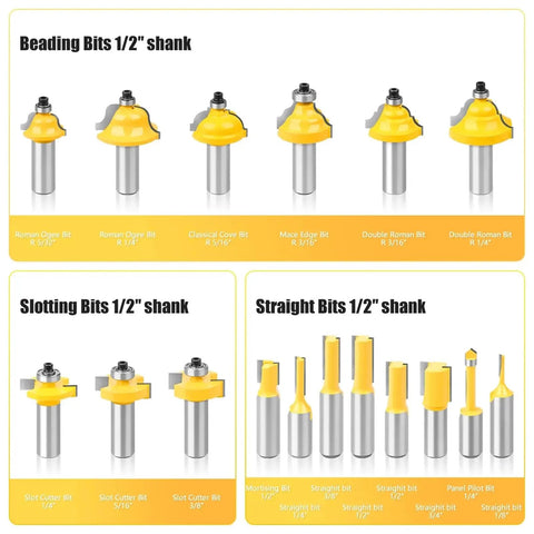 Top Shelf Flush Trim Router Bits Set With Thirty Five Tungsten Carbide Mills That Make Quick Work Of Sanding And Finish Each Wood Project With Zero Hassle Today, various router bits with 1/2-inch shank, showcasing different profiles.