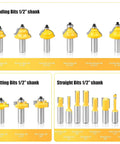 Heavy Duty 35 Piece Half Inch Shank Router Bits Set Knocks Out Clean Cuts Using Solid Tungsten Carbide Blades For Effortless Woodwork Flush Trimming And T Slot Milling featuring various router bit designs.