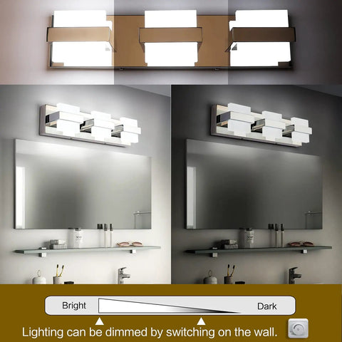 3 Light Chrome LED Bathroom Vanity Light Over Mirror 20 Inch White Dimmable Fixture Sleek Modern Vanity Lighting