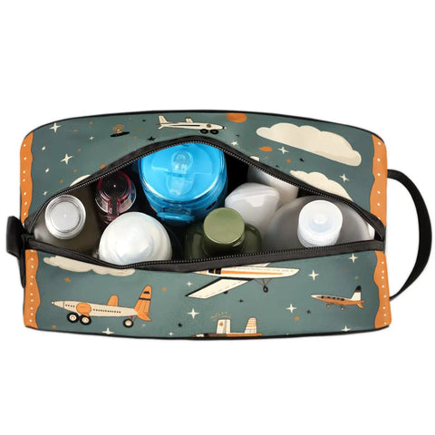 Must Have Airplane Cosmetic Bag For Women with cute cartoon aircraft design, open to show contents, waterproof polyester