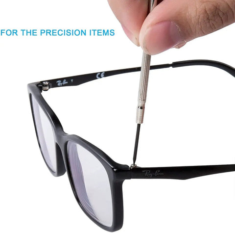 6 Piece Mini Screwdriver Set With Case, shown tightening screw on eyeglass frame