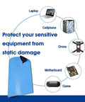 ESD Safe Anti Static Mat 17 By 25 Inch Blue Heat Resistant Soldering Table Pad with illustrations of protected devices.