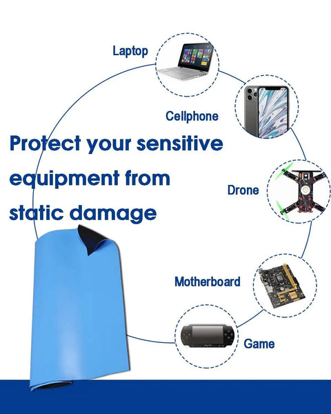 ESD Safe Anti Static Mat 17 By 25 Inch Blue Heat Resistant Soldering Table Pad with illustrations of protected devices.